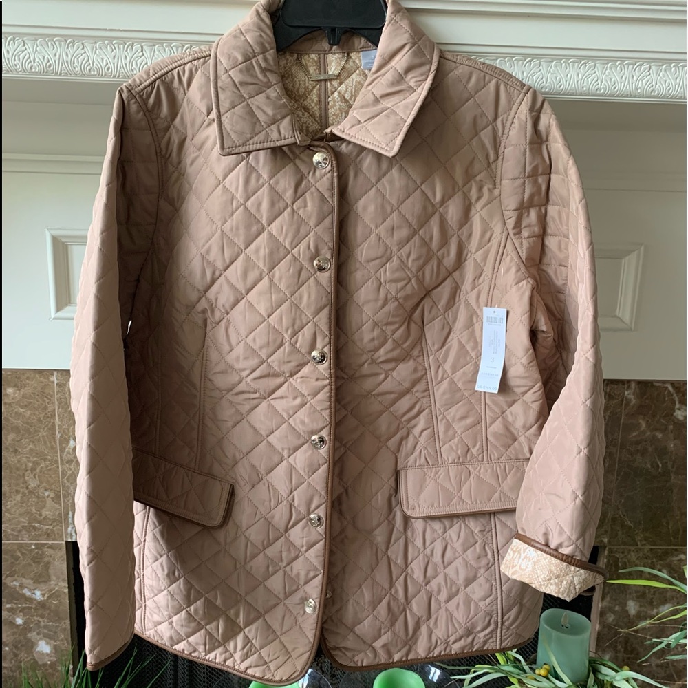 Chico’s Quilted Contrast Piping Detail Jacket in Bark/Khaki, size 3 (16-18)